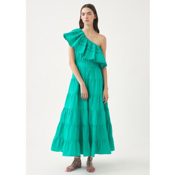 NEW Antik Batik Rodo One Shoulder Maxi Dress Aqua Cotton Poplin Size Large $398 - Picture 1 of 6